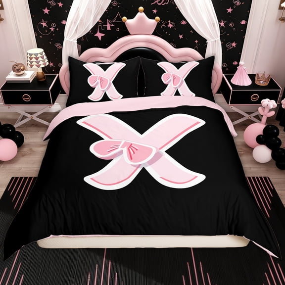 Erosebridal Black Pink Bowknot Duvet Cover Twin for Kid Girl, Monogrammed X Bedding Sets Twin Size, Pink Reversible, 2pcs(No Comforter)
