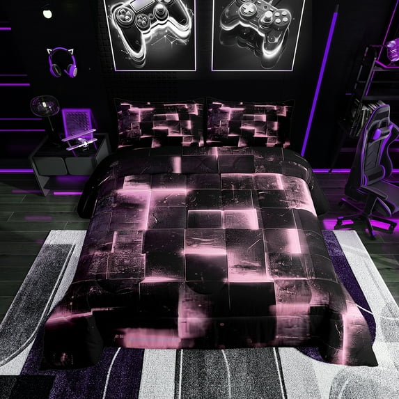 Erosebridal Black and Pink Comforter Set Twin Modern Abstract Twin Bedding, 3D Glowing Plaid Bedding Comforter Sets Gradient Grid Duvet, Neon Square Quilted Comforter 2pcs (Black Reversible)