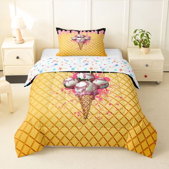 Erosebridal Black & Pink Dripping Waffle Baseball Ice Cream Cone Graphic Twin Comforter Sets 3-Piece, Dessert Graphic Bedding Set for Boys And Girls Kids,Breathable Home Decor