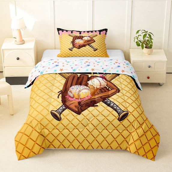 Erosebridal Black & Pink Dripping Waffle Baseball Ice Cream & Glove Graphic Twin Comforter Sets 3-Piece, Sport Graphic Bedding Set for Boys And Girls Kids,Lightweight Room Decor