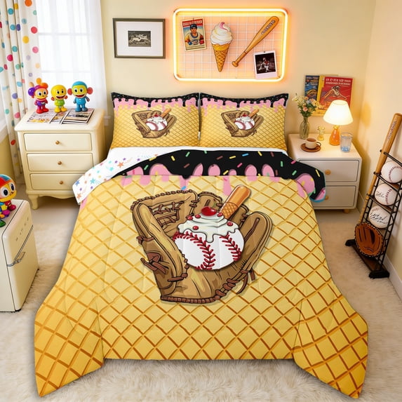Erosebridal Black & Pink Dripping Waffle Baseball Sundae & Glove Graphic Full Size Comforter Sets 3 Pieces, Sweet Graphic Bedding Sets for Boys And Girls Kids,Microfiber Bedroom Decor