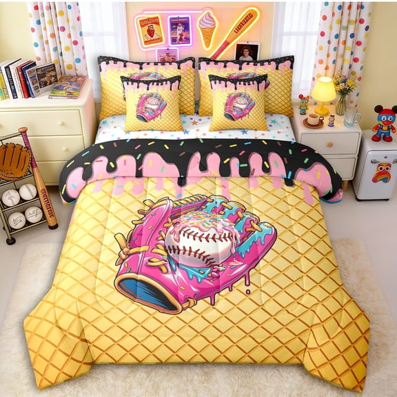 Erosebridal Black & Pink Dripping Waffle Pink Baseball Glove & Ball Graphic Bedding Comforter Set 7pcs, Sport Graphic Queen Bedding Sets for Girls Kids,Super Cozy Room Decor