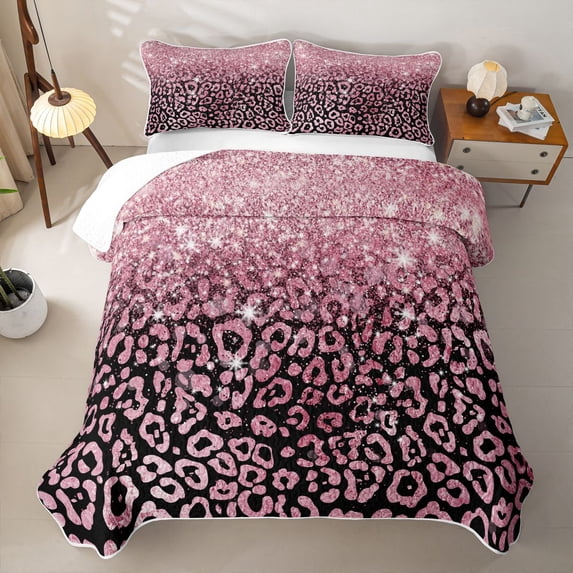 Erosebridal Black Pink Glam Gradient Bed Spread Queen for Girls, Glitter Leopard Print Queen Coverlet Set, 3-Piece