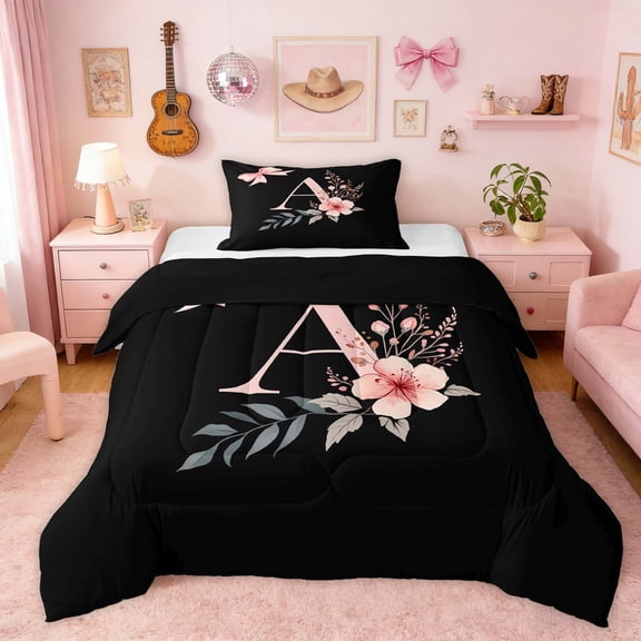 Erosebridal Black Pink Letter A Floral Bow Print Twin Comforter Sets, Monogram Style Bedding Set for Girls, Black Reversible 2pcs, 1 Comforter and 1 Pillowcase