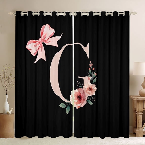 Erosebridal Black Pink Letter G Floral Bow Print Blackout Curtains Set of 2 (52x84 Each), Monogram Style Window Curtains for Girls