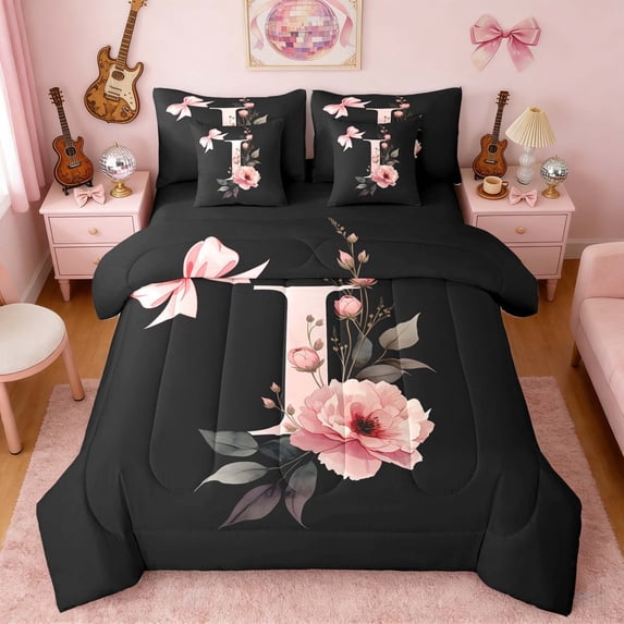 Erosebridal Black Pink Letter I Floral Bow Print Bedding Comforter Set, Monogram Style Queen Bedding Sets for Girls, Black Reversible 7-Piece