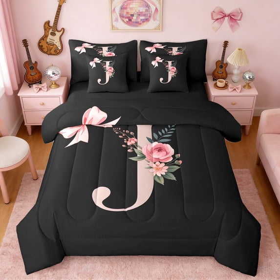 Erosebridal Black Pink Letter J Floral Bow Print Bedding Comforter Set, Monogram Style King Bedding Sets for Girls, Black Reversible 7pcs