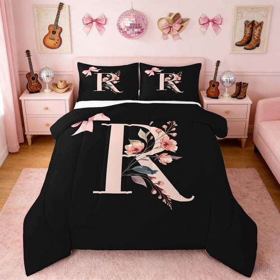 Erosebridal Black Pink Letter R Floral Bow Print Queen Comforter Set, Monogram Style Bedding Comforter Set for Girls, Black Reversible 3-Piece, 1 Comforter and 2 Pillowcases