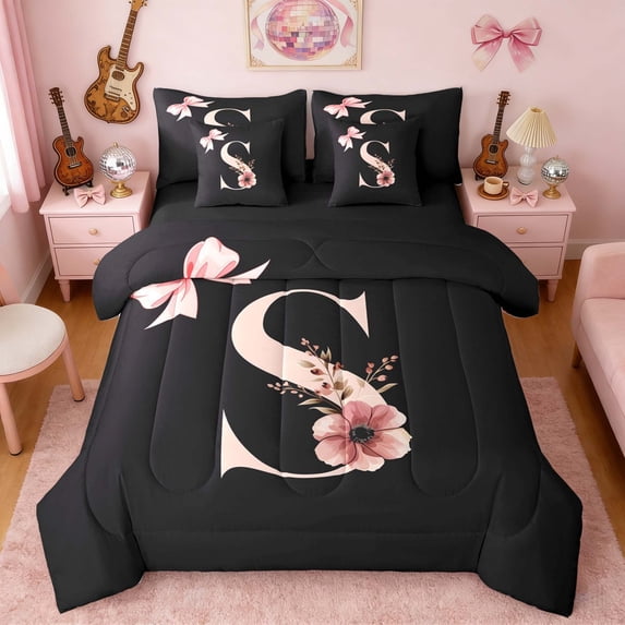 Erosebridal Black Pink Letter S Floral Bow Print Bedding Comforter Set, Monogram Style Queen Bedding Sets for Girls, Black Reversible 7 Pieces