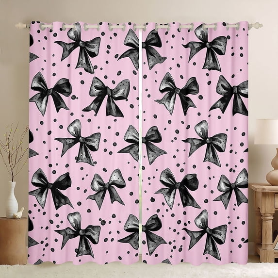 Erosebridal Black Pink Polkadots Bow Black Out Curtains for Girls, Dreamy Princess Curtains Pack of 2 (42x63 Each)