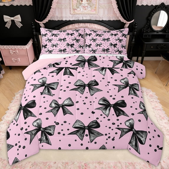 Erosebridal Black Pink Polkadots Bow Full Size Comforter Sets for Girls, Dreamy Princess Bedding Sets, Pink Reversible, 3 Pieces