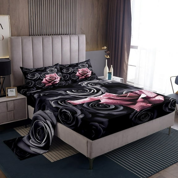 Erosebridal Black and Pink Rose Bed&nbsp;Sheets King Romantic Flowers Sheet&nbsp;Set,3D Roses Bedding&nbsp;Set for Women Girls,Wedding Valentines Day Bedroom Decor Blossom Floral Fitted&nbsp;Sheet