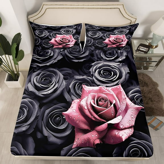 Erosebridal Black and Pink Rose Fitted Sheet Queen Romantic Flowers Bedding Set,3D Roses Bed Sheets for Women ,Couple Wedding Valentines Day Bedroom Decor Blossom Floral Bed Set