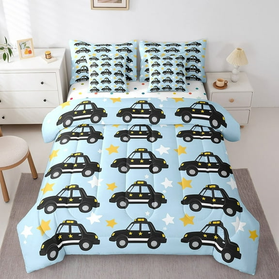 Erosebridal Black Police Car Bed in a Bag Twin Size, Glitter Stars Bed Set, Blue, Reversible 7 Pieces