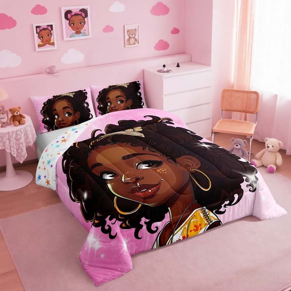 Erosebridal Black Princess Bedding Set American African Full Size Comforter Set Glitter Pink Black Bed Comforter Sets Teen Reversible Colorful Stars Quilt Set
