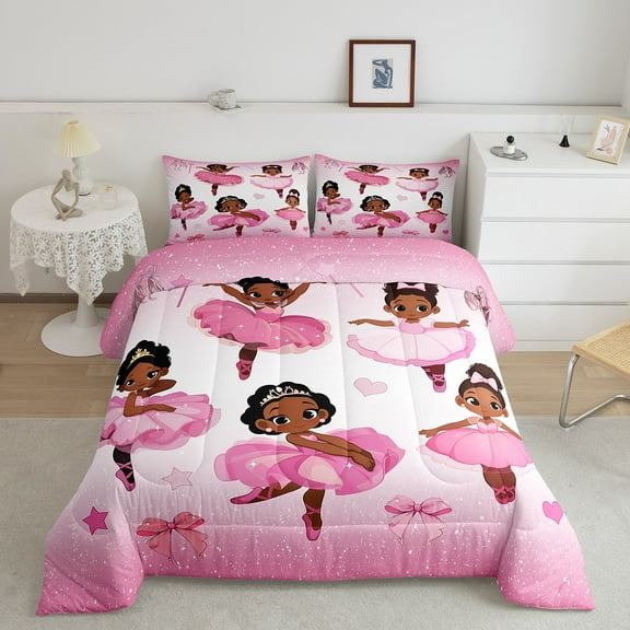 Erosebridal Black Princess Bedding Sets Queen with Comforter, Ballet Dancer Duvet Insert, Kawaii Pink Bow Decor, Lightweight 3pcs
