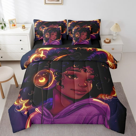 Erosebridal Black Princess Bedding Sets Twin Size, Purple Comforter Sets with Sheets, Cartoon Anime Decor, Reversible 7 Pieces