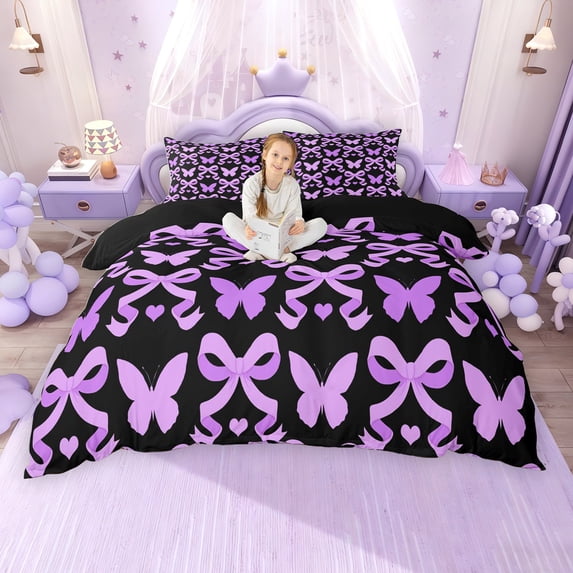 Erosebridal Black Purple Queen Duvet Cover Set for Girls, Butterfly Bow-Tie Bedding, Black Reversible, 1 Duvet Cover and 2 Pillowcases (No Comforter)