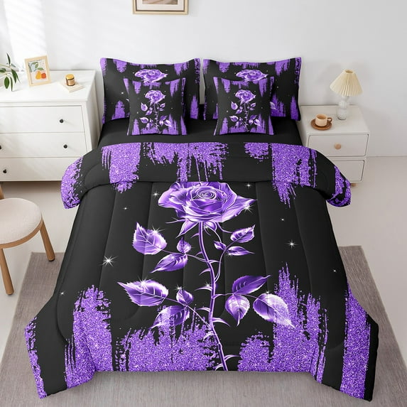 Erosebridal Black Purple Shiny 7 Pcs Comforter Set Twin,Rose Bed in a Bag for Women,Galaxy Glitter Sparkle(Not Real)Bedding Set with Flat Fitted Sheet Pillowcase and Sham