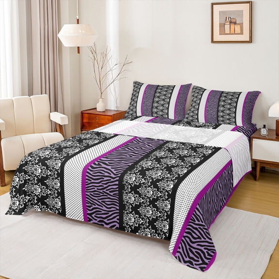 Erosebridal Black Purple Zebra Print Bed Sheets 4pcs For Boys Girls,Teens Traditional Floral Damask King Sheets