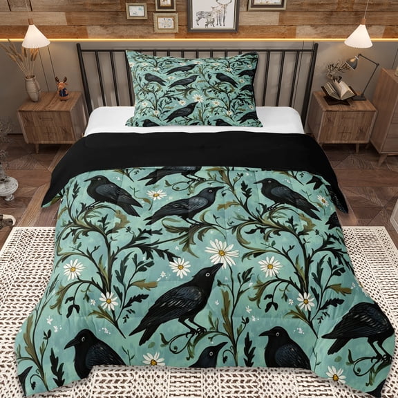 Erosebridal Black Raven Twin Comforter Sets,Natural Plant Floral Bedding Set For Men Women, Reversible 2pcs