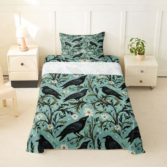 Erosebridal Black Raven Twin Sheet Sets,Natural Plant Floral Bedding For Men Women 3pcs