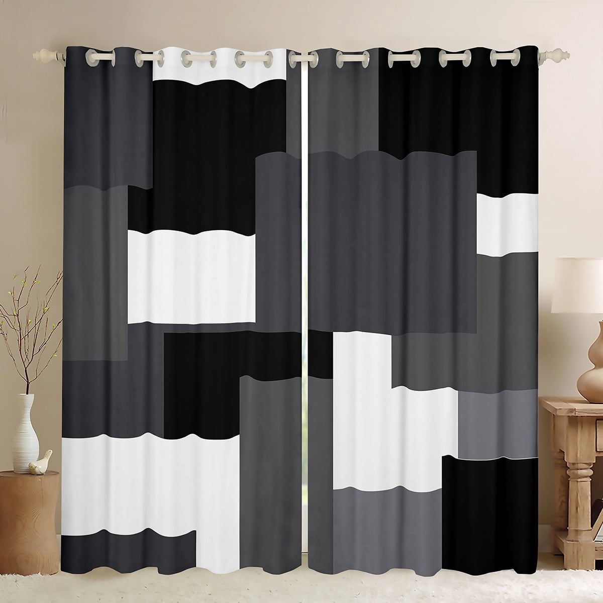 Erosebridal Black Rectangle Curtains Pack of 2 (42Wx63L),Geometric Sqare Black Out Curtains,Abstract Artwork Curtains for Living Room,Plaid Bedroom Decorative