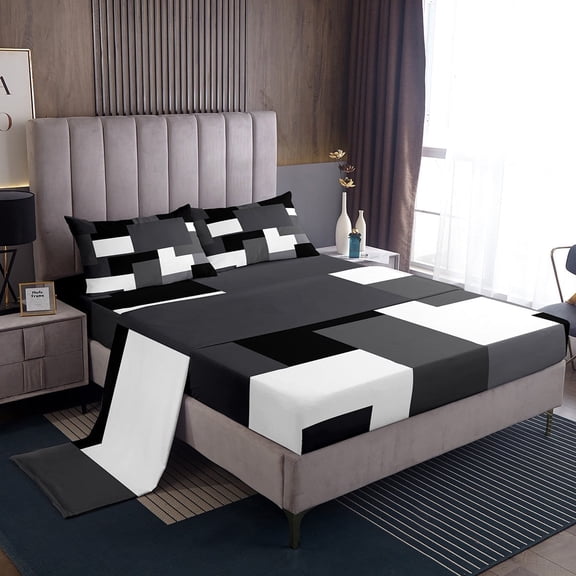 Erosebridal Black Rectangle Sheet Set Twin,Geometric Sqare Bedding Sets Twin Size,Abstract Artwork Twin Sheet Sets,Super Cozy Plaid Bedroom Decorative,3pcs