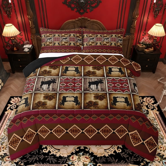Erosebridal Black Red Aztec Full Size Comforter Sets, Rustic Moose Bedding Sets, Black Reversible, 1 Comforter and 2 Pillowcases
