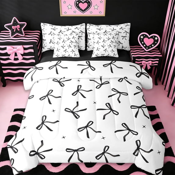 Erosebridal Black Ribbon Bowtie Girls 7 Pieces Bedding Comforter Set,Kawaii Princess Bowknot Full Bedding Set For Kids,Black Reversible