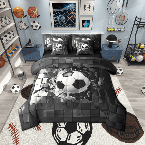 Erosebridal Black Soccer Bedding Sets Twin Size,Geometric Plaid Comforter Sets with Sheets,Sport Gamer Bed in a Bag Twin size,Microfiber Buffalo Room Decor,Reversible,7-Piece