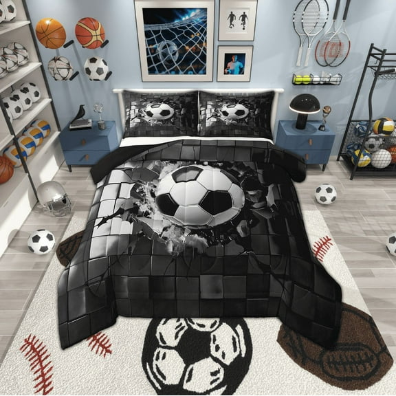 Erosebridal Black Soccer Bedding Twin Comforter Set,Geometric Plaid Down Comforter,Sport Gamer Bedding Sets Twin with Comforter,Microfiber Buffalo Room Decor,Reversible,2-Piece