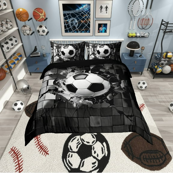 Erosebridal Black Soccer Comforter Cover Twin,Geometric Plaid Bedding Twin Size,Sport Gamer Duvet Cover Twin,Microfiber Buffalo Room Decor,Reversible,3pcs(No Comforter)
