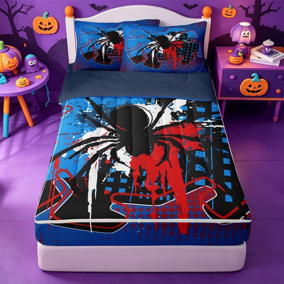 Erosebridal Black Spider Graffiti Zipper Queen Comforter Set with Fitted Sheet and 2 Pillowcases,Grid Splash Art Zipper Bedding Set For Boys,Navy Blue Reversible,4-Piece