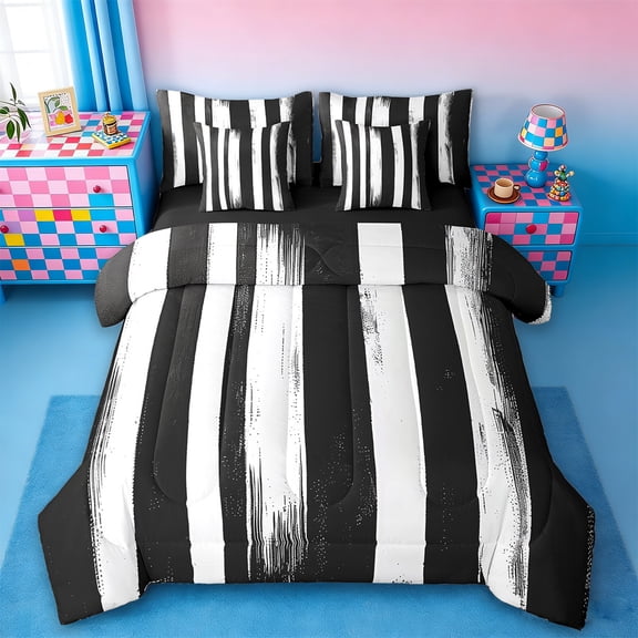 Erosebridal Black Splashing Ink Bedding Full Size,Abstract Geometric Stripes Bed Set,Modern Desgin Bedding Sets Full Size,Ultra Soft Bedroom Decor Reversible,7pcs