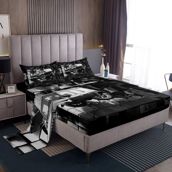 Erosebridal Black Sport Car Bed Sheets Set Queen Size,Geometric Plaid Bedding Sets Queen Size,Extreme Sports Bed Sheets Queen,Microfiber Buffalo Room Decor,4-Piece