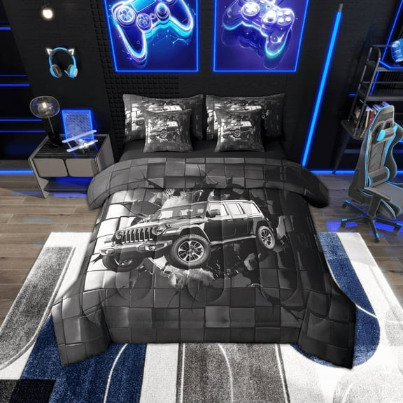 Erosebridal Black Sport Car Bedding Sets Twin Size,Geometric Plaid Comforter Sets with Sheets,Extreme Sports Bed in a Bag Twin size,Microfiber Buffalo Room Decor,Reversible,7-Piece