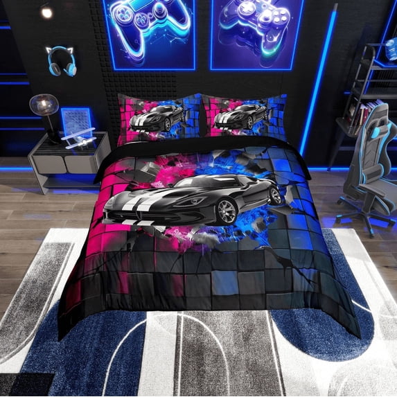 Erosebridal Black Sport Car Comforter Cover Twin,Geometric Plaid Bedding Twin Size,Extreme Sports Duvet Cover Twin,Microfiber Buffalo Room Decor,Reversible,3pcs(No Comforter)