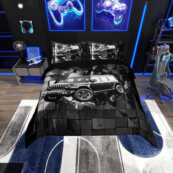 Erosebridal Black Sport Car Comforter Cover Twin,Geometric Plaid Bedding Twin Size,Extreme Sports Duvet Cover Twin,Microfiber Buffalo Room Decor,Reversible,3pcs(No Comforter)