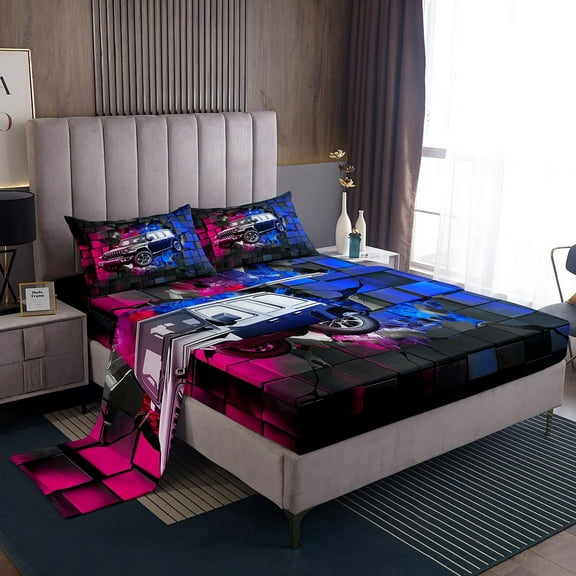 Erosebridal Black Sport Car Sheet Set Twin,Geometric Plaid Bedding Sets Twin Size,Extreme Sports Twin Sheet Sets,Microfiber Buffalo Room Decor,3pcs
