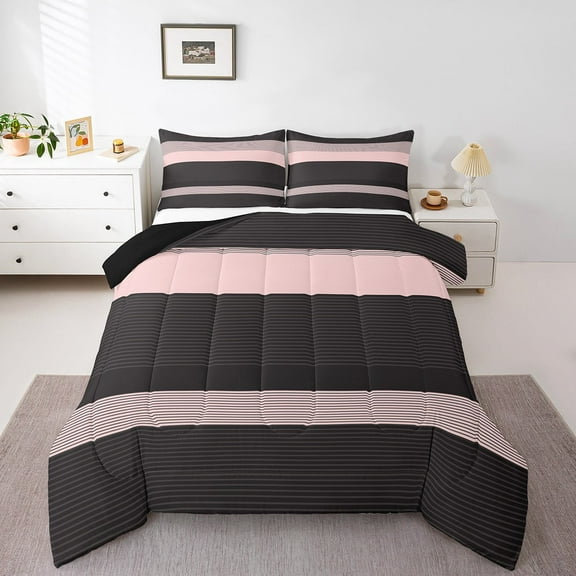 Erosebridal Black Stripes Bedding Twin Comforter Set,Geometric Lines Down Comforter,Geometric Theme Bedding Sets Twin with Comforter,Ultra Soft Abstract Room Decor,Reversible,3pcs
