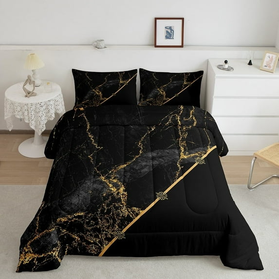 Erosebridal Black Watercolor Comforter King Dark Grey Tie Dye Bedding Set, Gold Sequin Glitter Metallic Down Comforter Abstract Marble Bed Set, Black Marbling Quilted Duvet Breathable