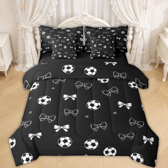 Erosebridal Black White Bow Football Bedding Comforter Set for Girls, Princess Bow King Bedding Sets, Black Reversible, 7 Pieces