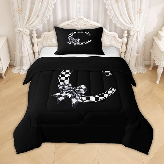 Erosebridal Black White Bow Letter C Twin Comforter Sets for Girls, Grid Ribbon Letter Bedding Set, Black Reversible, 2-Piece