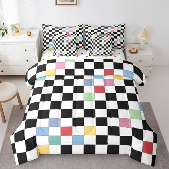 Erosebridal Black White Checkered Bedding Set Twin 7 Piece Colorful Checkerboard Grid Comforter Set With Sheets Funky Buffalo Plaid Bed In A Bag Teen Groovy Gingham Bed Set