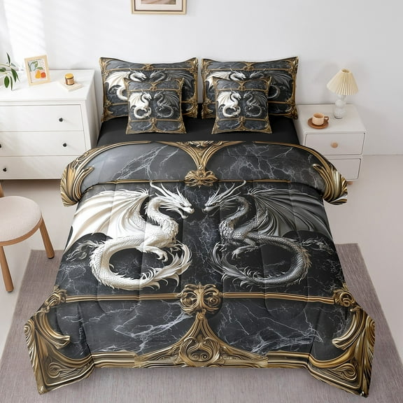 Erosebridal Black White Dragon Bedding Sets Twin Size, 3D Animal Comforter Sets with Sheets, Mountain Galaxy Reversible Bed Set, Ultra Soft Room Decorative, 7pcs
