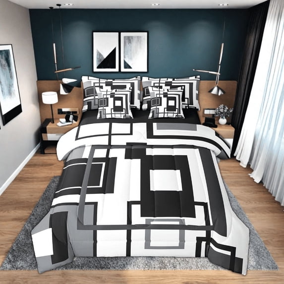 Erosebridal Black White And Grey Comforter Set 7 Piece Queen For Adults Men,Abstract Geometric Bedding Set Geometry Square Striped Bed In A Bag Simple Lines Bed Set Modern Bedroom Decor
