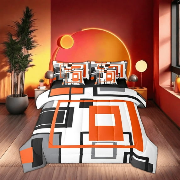 Erosebridal Black White Grey Orange 7 Piece Bed In A Bag Twin Geometric Square Grid Comforter Set With Sheets Adults Geometry Striped Bedding Set Modern Abstract Lines Grids Bed Set