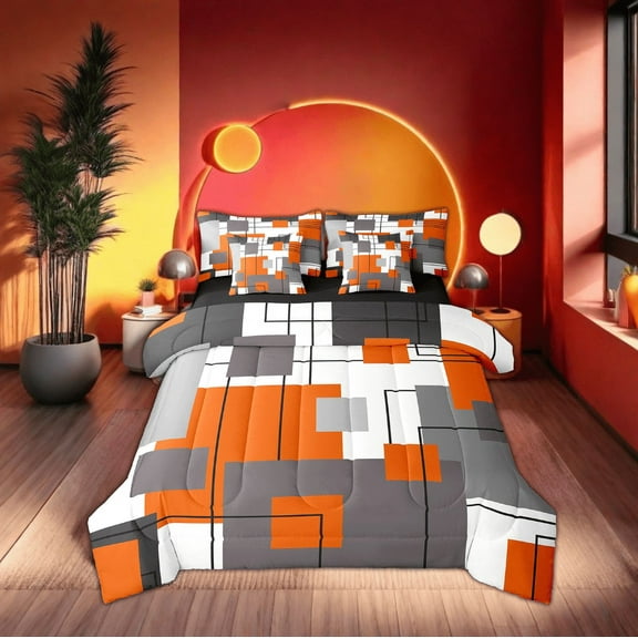 Erosebridal Black White Grey Orange Bed In A Bag Queen 7 Piece Geometric Square Comforter Set Adults Geometry Striped Bedding Comforter Sets Soft Lightweight Modern Abstract Bed Set