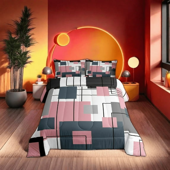 Erosebridal Black White Grey Pink Full Bedding Set Geometric Square Comforter Set Teen Women Bluish Gray Geometry Grid Down Comforter Modern Abstract Lines Quilt Duvet 2 Pillow Cases